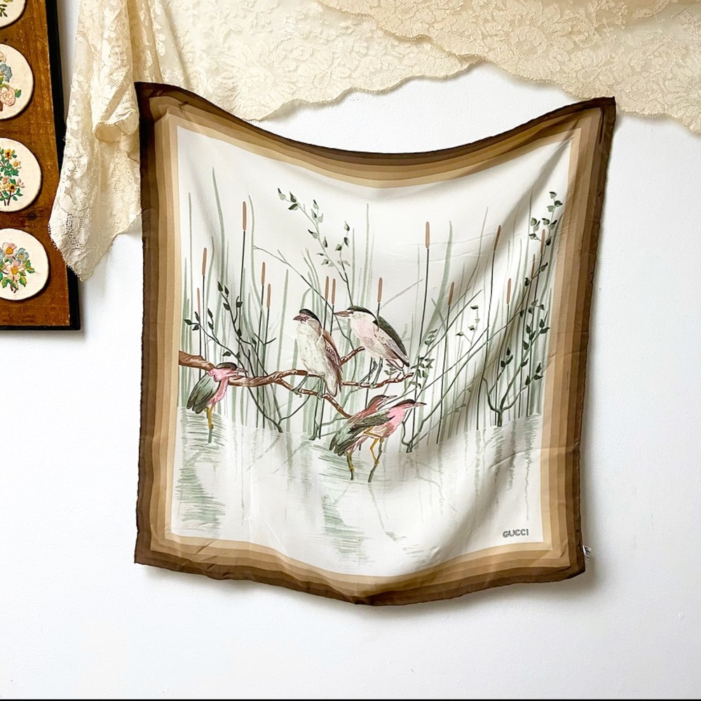 Gucci Cream, Brown & Green Bird Print Silk Scarf